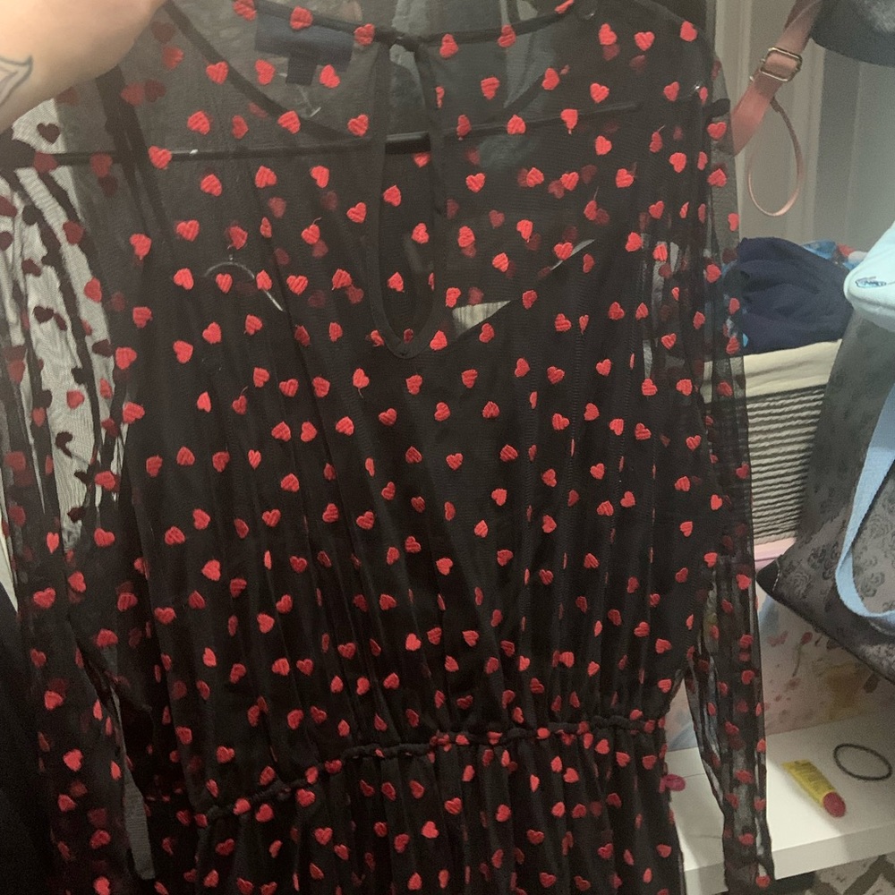 ModCloth Black Sheer Long-Sleeve Dress with Red Heart Print - Picture 4 of 7